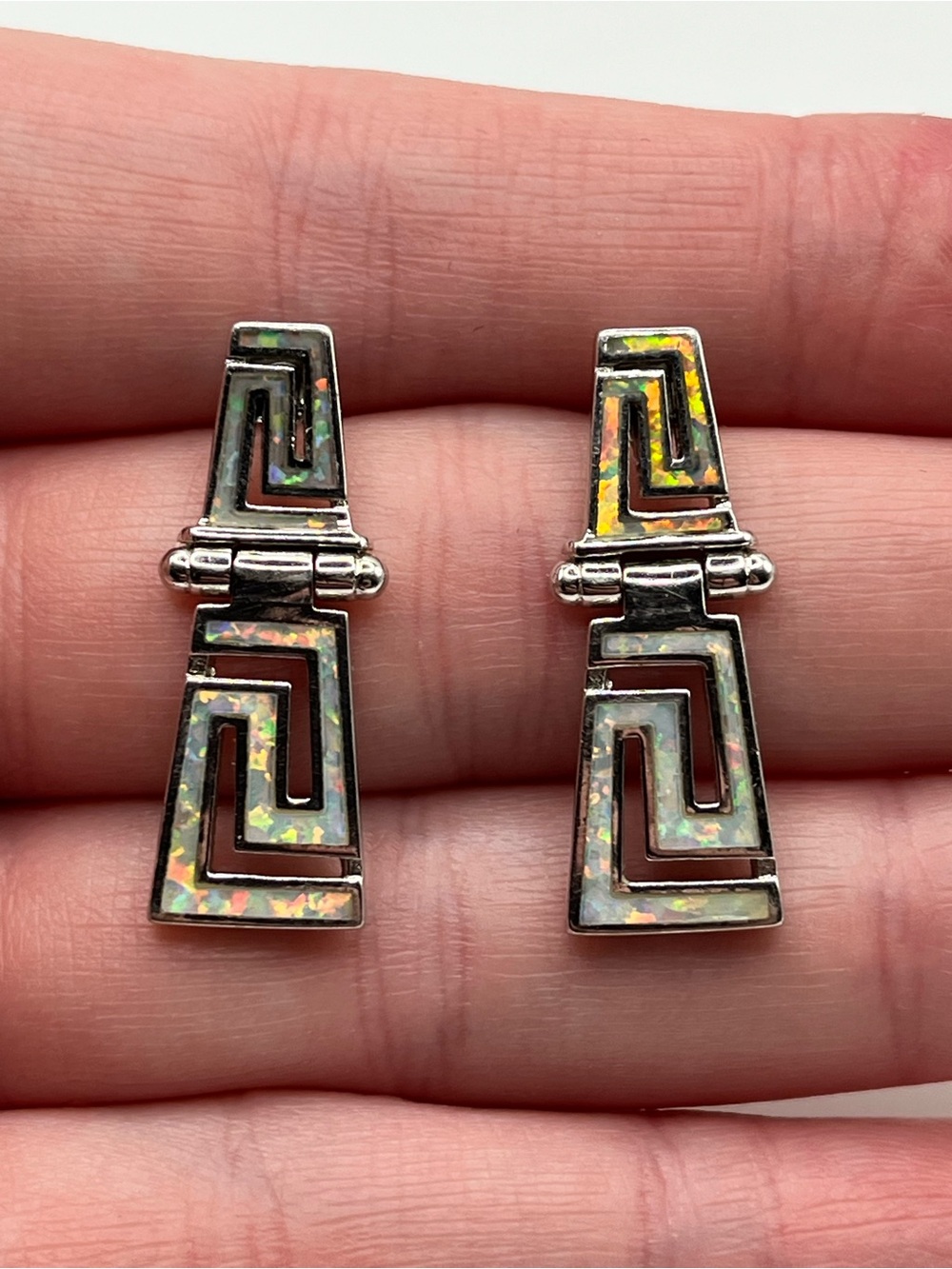 Vintage Sterling Silver White Opal 1.25 Inch Greek Key Earrings